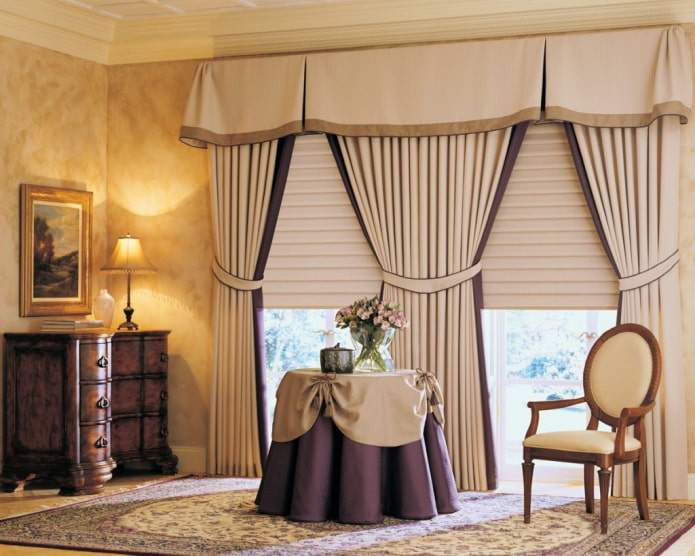 lambrequin in combination with a curtain and roller blind