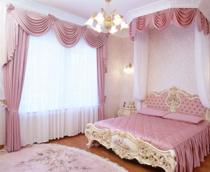 pink lambrequins in the interior of the bedroom