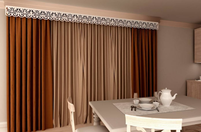 curly lambrequin in combination with curtains