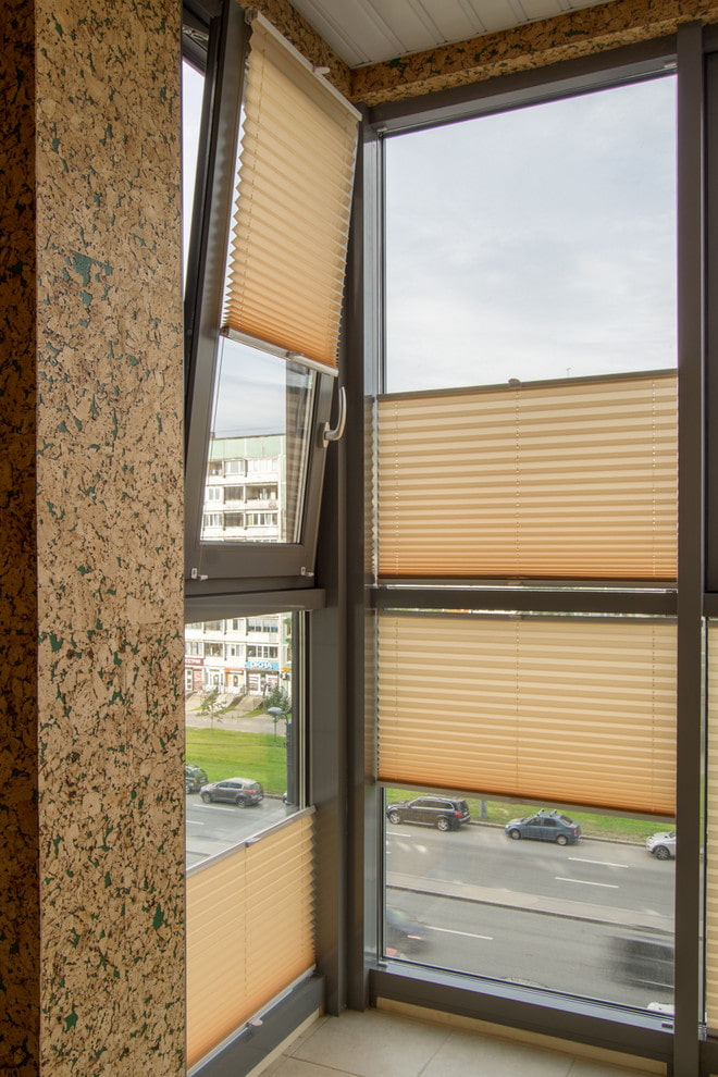 pleated blinds sa balkonahe na may malawak na glazing