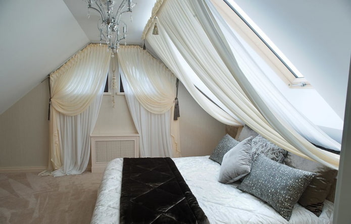 curtains on the skylights in the bedroom