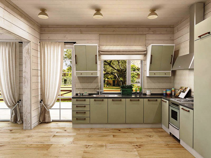 country style kitchen with roman blinds