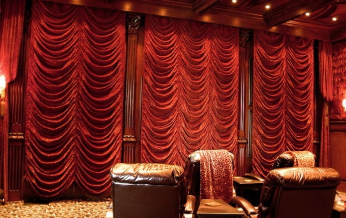 red awning curtains in the interior