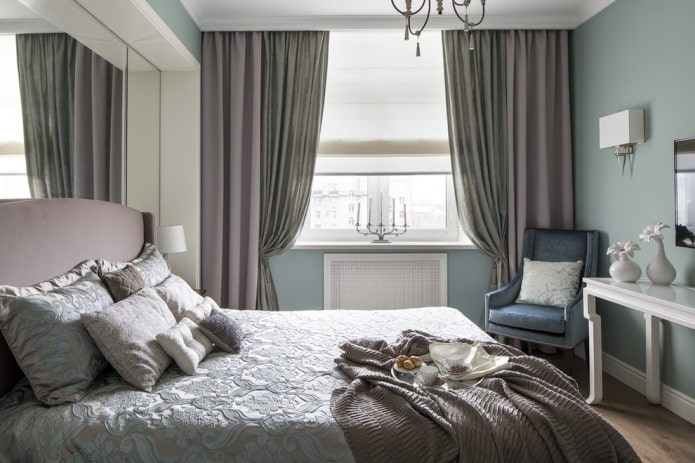 combination of gray and lilac on the curtains in the bedroom