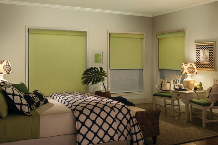 green roller blinds in the bedroom