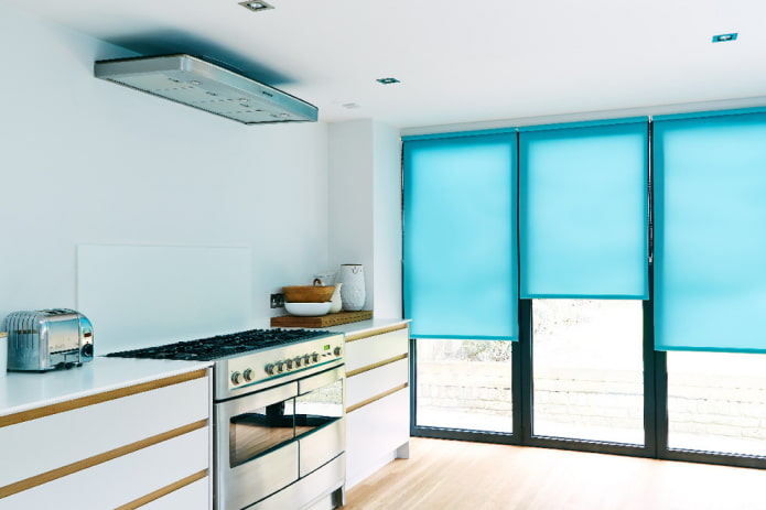 blue roller shutters in the interior of the kitchen