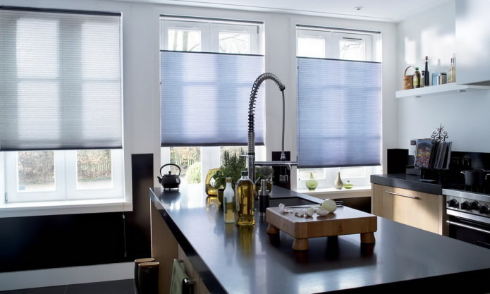 Pleated blinds in a spacious kitchen