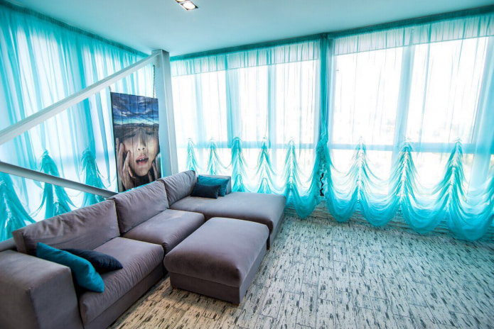 Austrian curtains in turquoise color