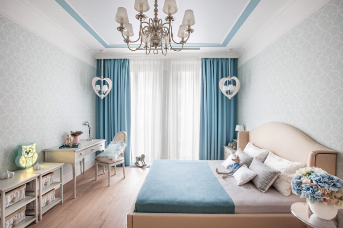 bedroom with blue curtains