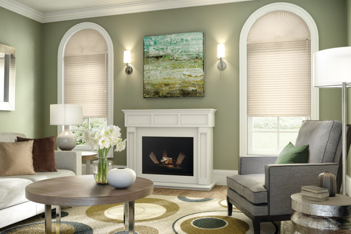 pleated blinds on arched windows in the living room