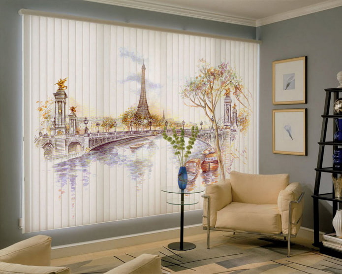 blinds with a cityscape in the interior of the living room