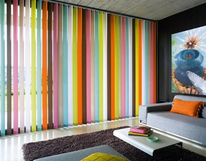 multi-colored blinds in the living room