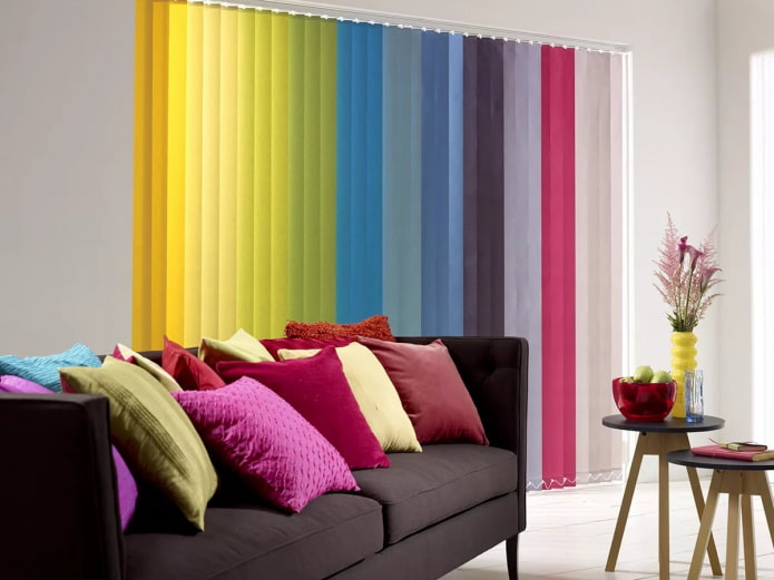 multi-colored blinds in the living room