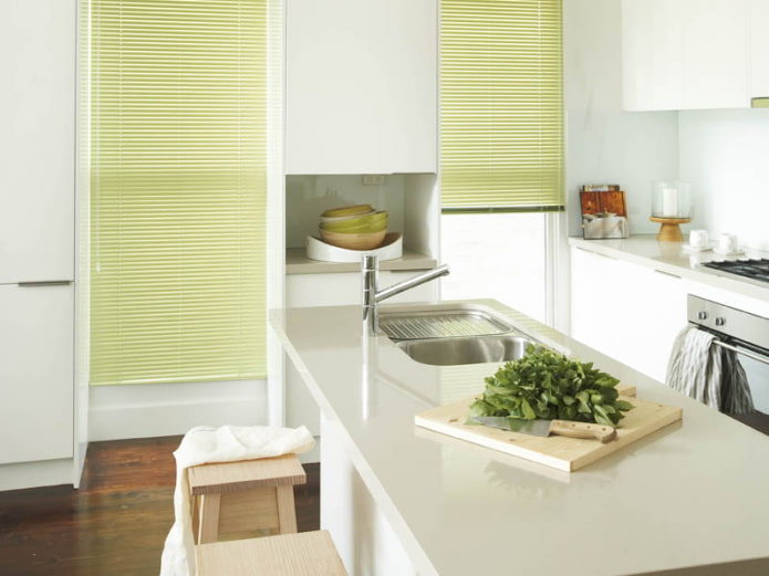light green horizontal slats in the kitchen