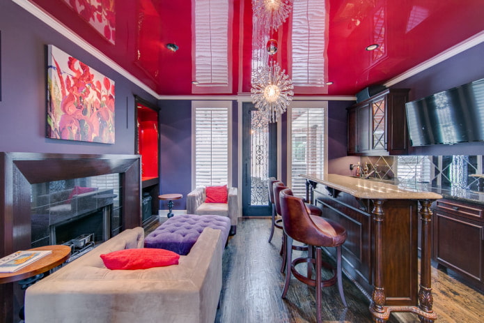 solid purple walls with a red shiny ceiling