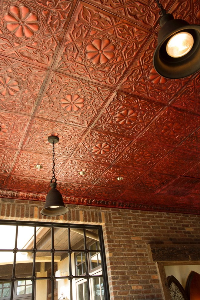 dark red tiles on the ceiling