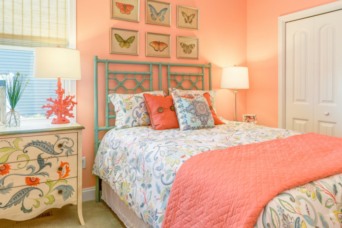 bedroom in bright peach colors
