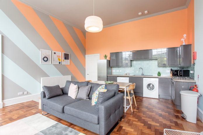 Peach gray kitchen-living room