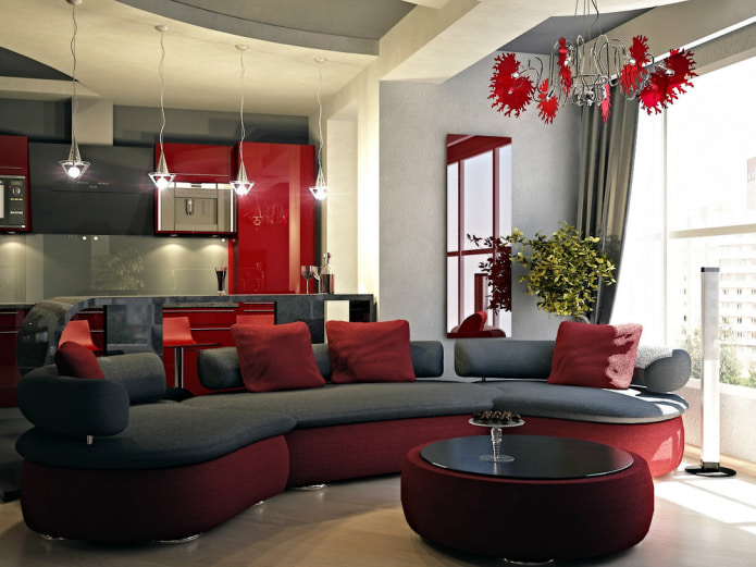 Sofa mit roten Textilien und Sockel
