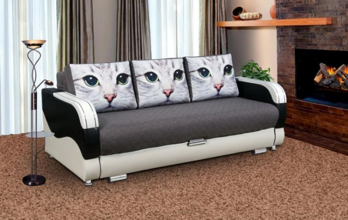 sofa with a photo print of a cat