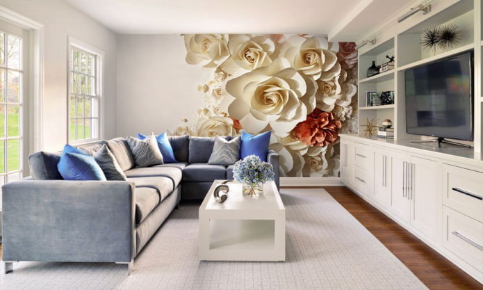 3d wallpaper with flowers in the interior of the living room