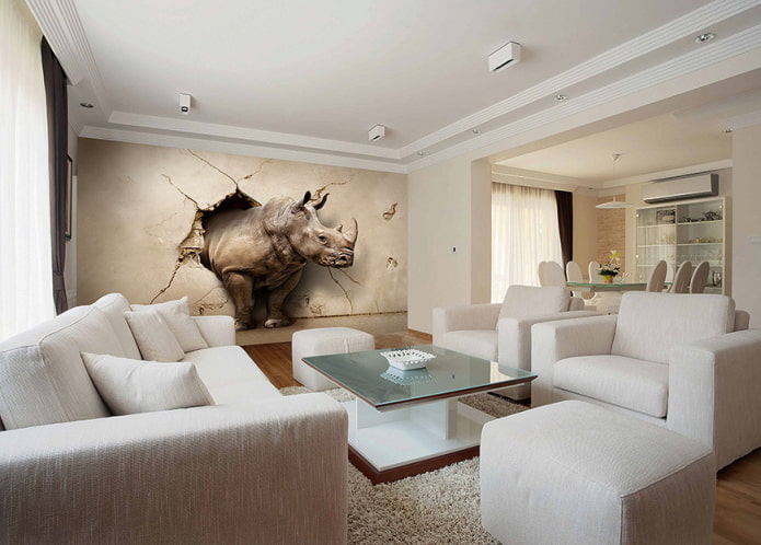 3d wallpaper na may isang rhinoceros sa loob ng sala