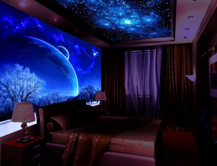 Fluorescent 3D wallpaper in the interior
