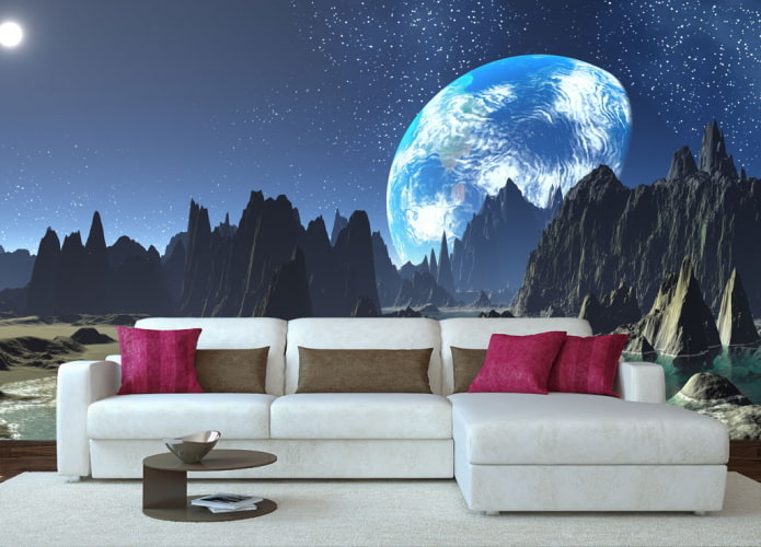3d wallpaper depicting space in the living room