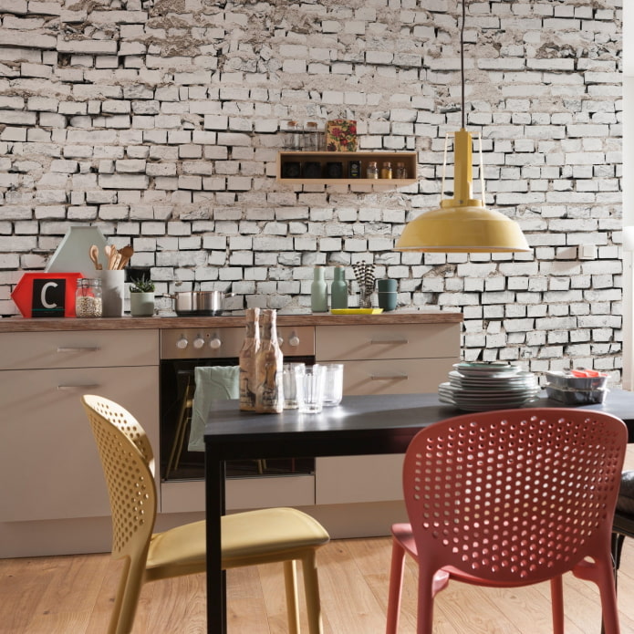 3d wallpaper for brick in the interior of the kitchen
