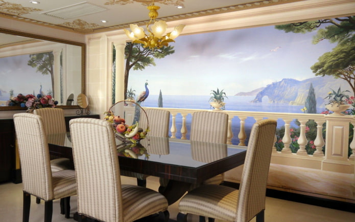 3d wallpaper with a fresco in the interior of the dining room