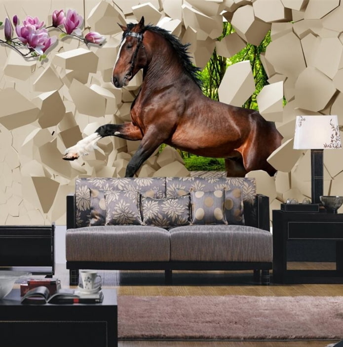 3d photo wallpaper with a horse in the interior of the living room