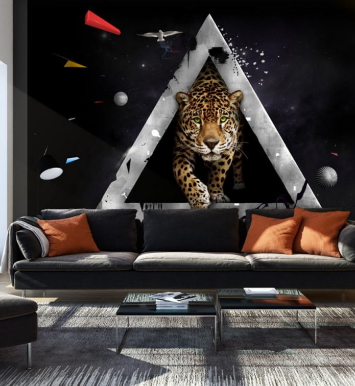 3D photo wallpaper na may isang cheetah sa loob ng sala