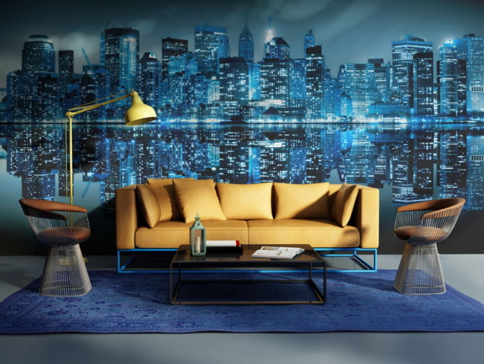 3D-s háttérkép, amely a várost ábrázolja a nappaliban