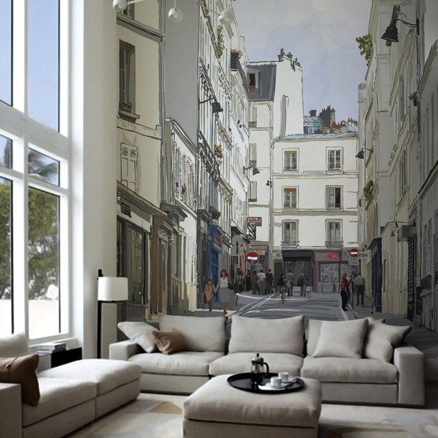 3D-s háttérkép, amely a várost ábrázolja a nappaliban