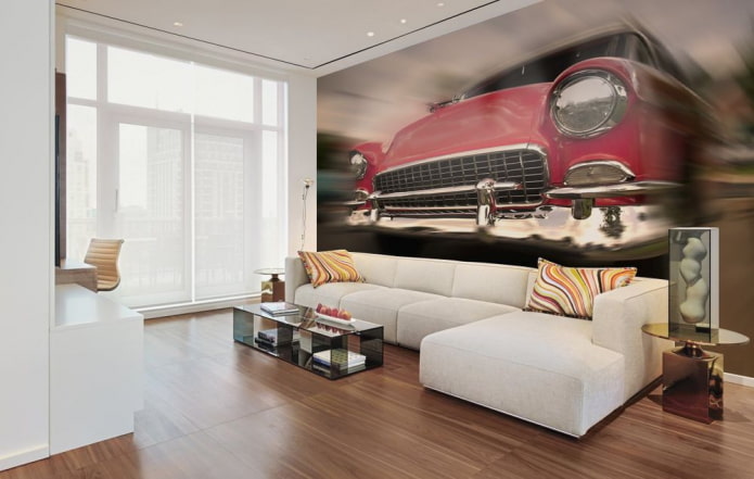 3D Wallpaper mit einem Auto im Wohnzimmer