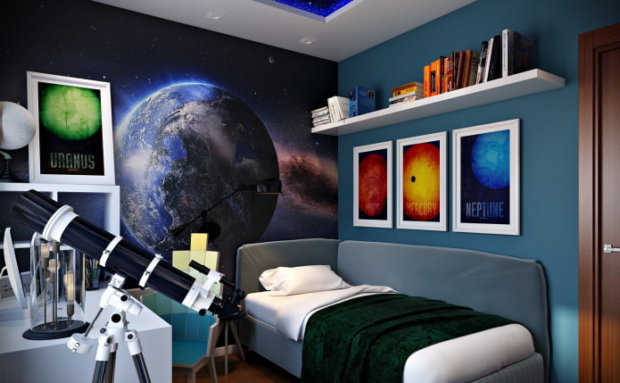 3d wallpaper depicting space in a teenager's room