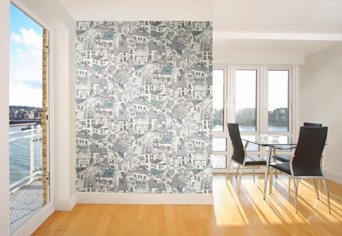 paper wallpaper with a drawing of the city in the interior