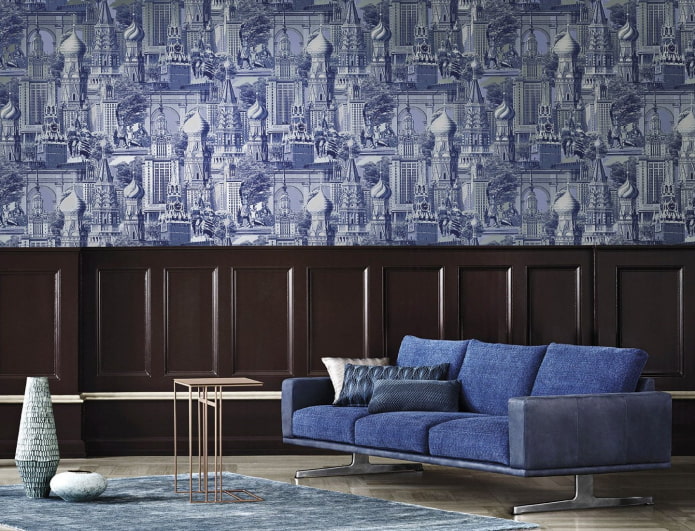 blue wallpaper urban print in the interior