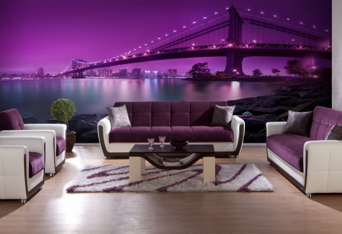 lilac wallpaper with the image of the city in the interior