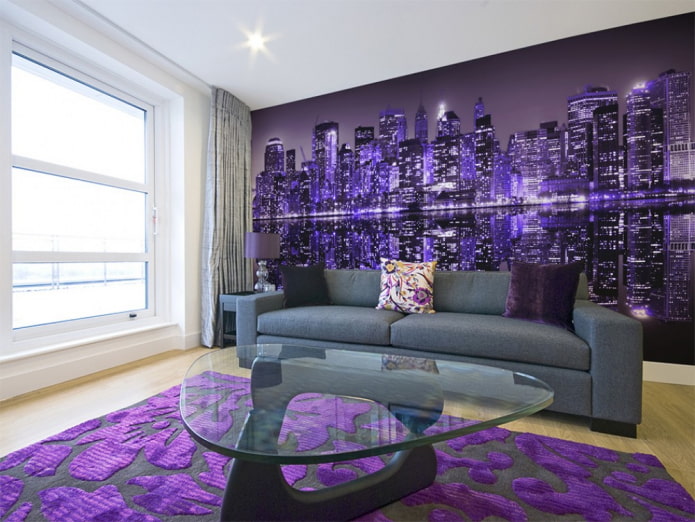 purple wallpaper with the image of the city in the interior