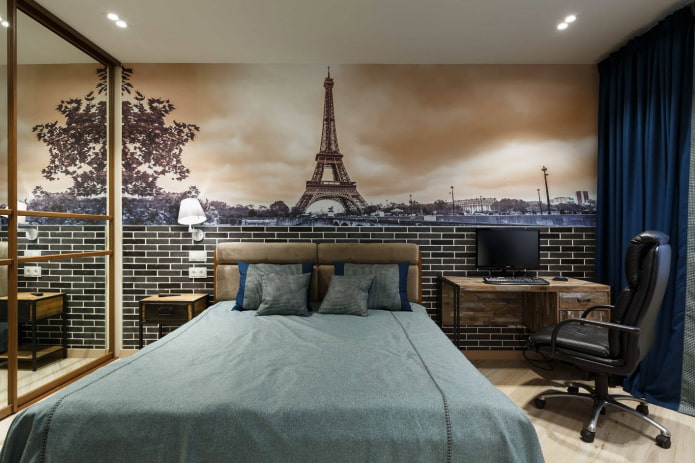 wallpaper with the image of the city in the interior of the bedroom