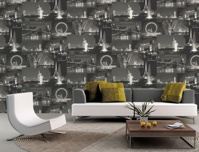 vinyl wallpaper with a pattern of the city in the interior