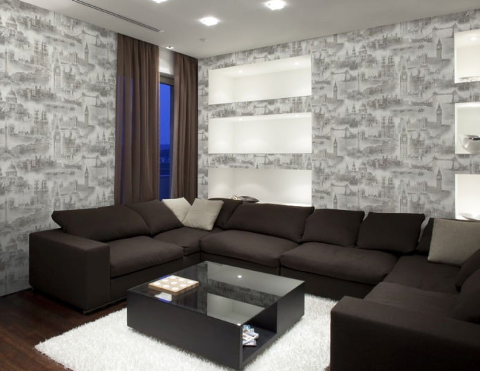 gray wallpaper with urban print in the interior