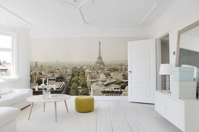 photo wallpaper with the image of Paris in the interior of the living room