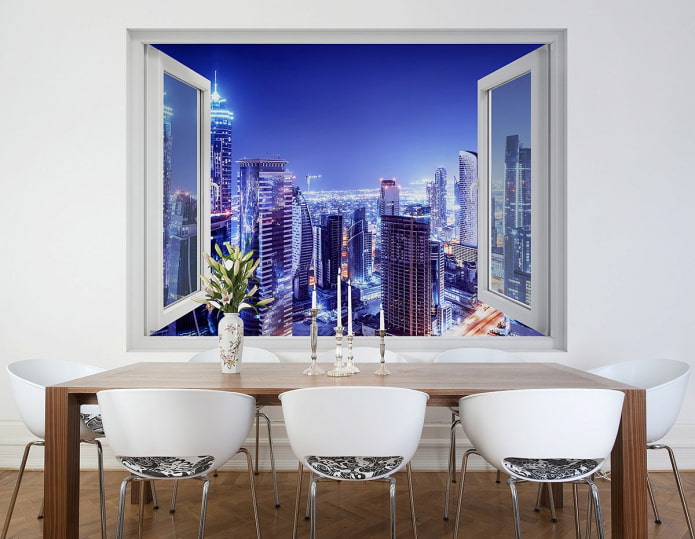 Photo wallpaper with a view from the window on the city in the dining room