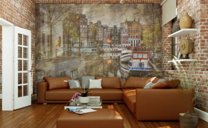 photomural with the image of Amsterdam in the living room