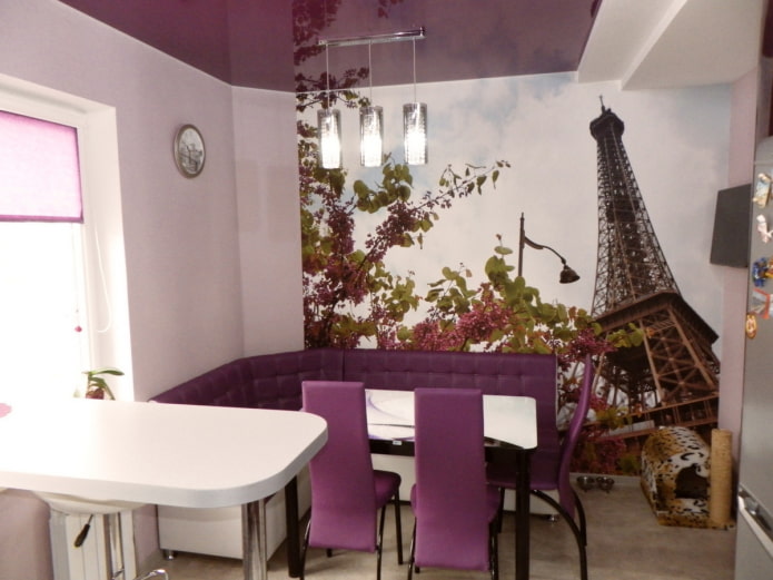 photo wallpaper with the image of Paris in the interior of the kitchen