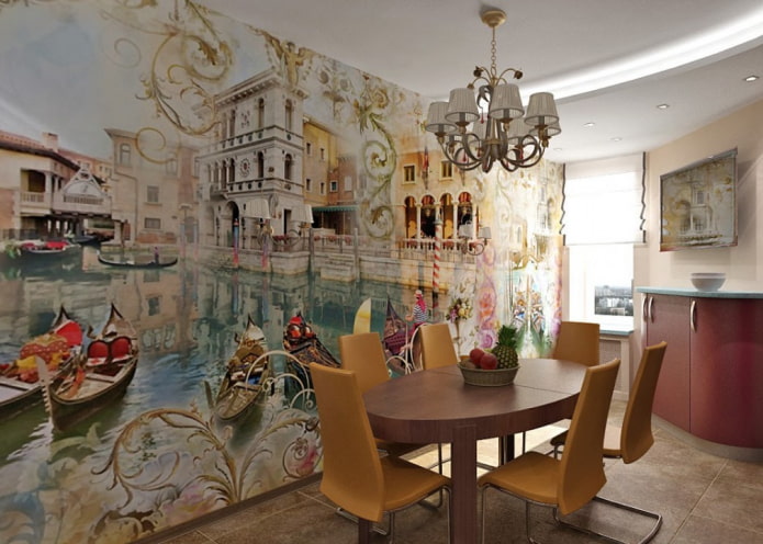 photo wallpaper with the image of Venice in the interior of the kitchen