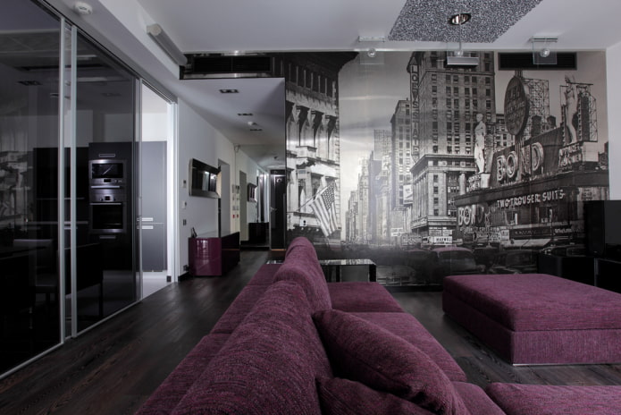 photo wallpaper with the image of New York in the interior of the living room