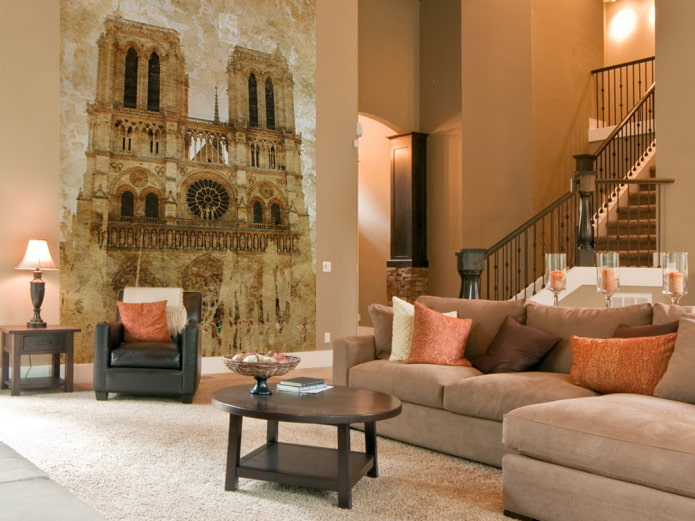 photo wallpaper with the image of Notre Dame de Paris in the interior of the living room